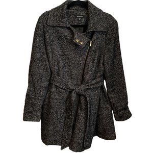 Wool Coat, Black and White Tweed, Belted, Large, Fall, Moto